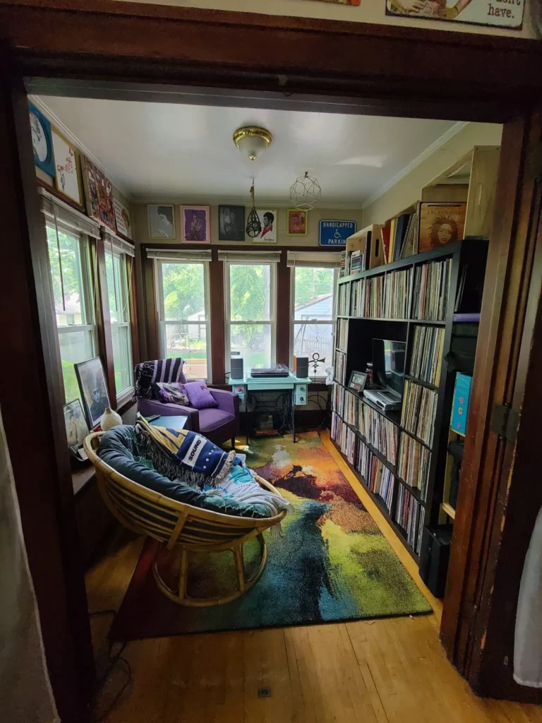 The music room is now bright, cheery, organized and a great place for my client to go and listen to her favorite album. What a transformation!